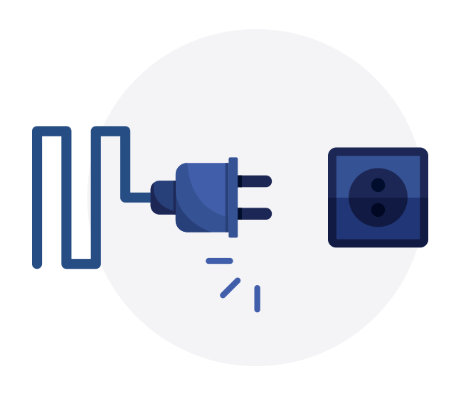 a blue power cord disconnected from a wall socket with a grey circle in the background.